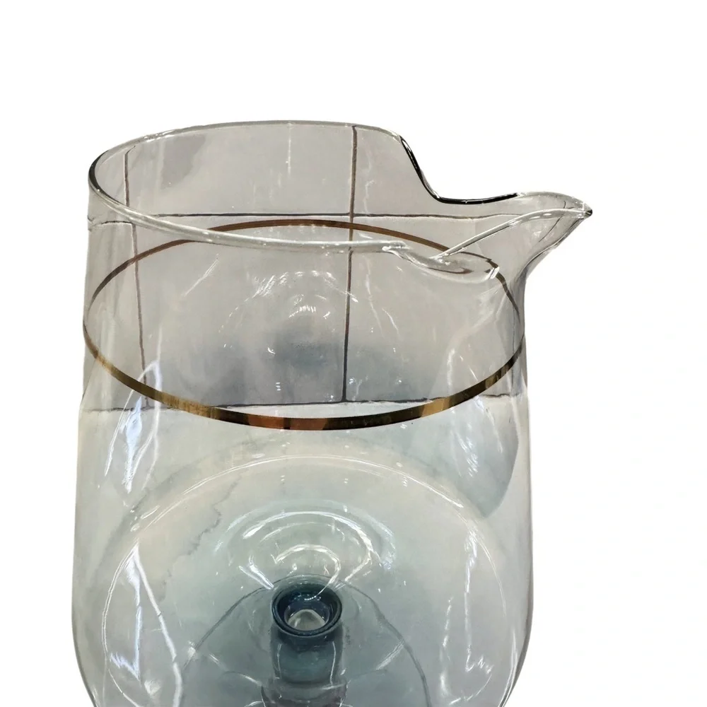 Vintage Footed Glass Pedestal Pitcher Gold Band Clear Art Glass
